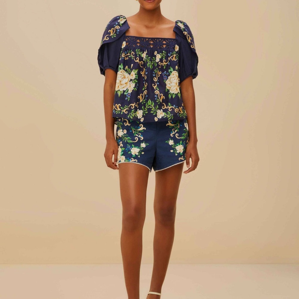 Farm Rio: Blue Flower Tapestry Yoke Blouse - Picture 2 of 6